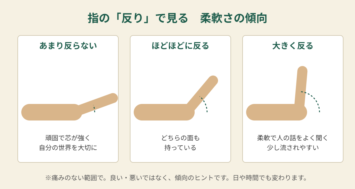 指の反りで見る柔軟さの傾向:あまり反らない・ほどほど・大きく反るの3タイプの図